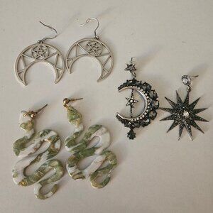 Lot of Witchy Earrings - Snake, Pentacle, Moon & Stars